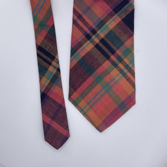 Brooks Brothers Tie 100% Cotton USA Pink Green Orange Plaid 3.75"W x 57.5"L - Picture 2 of 5